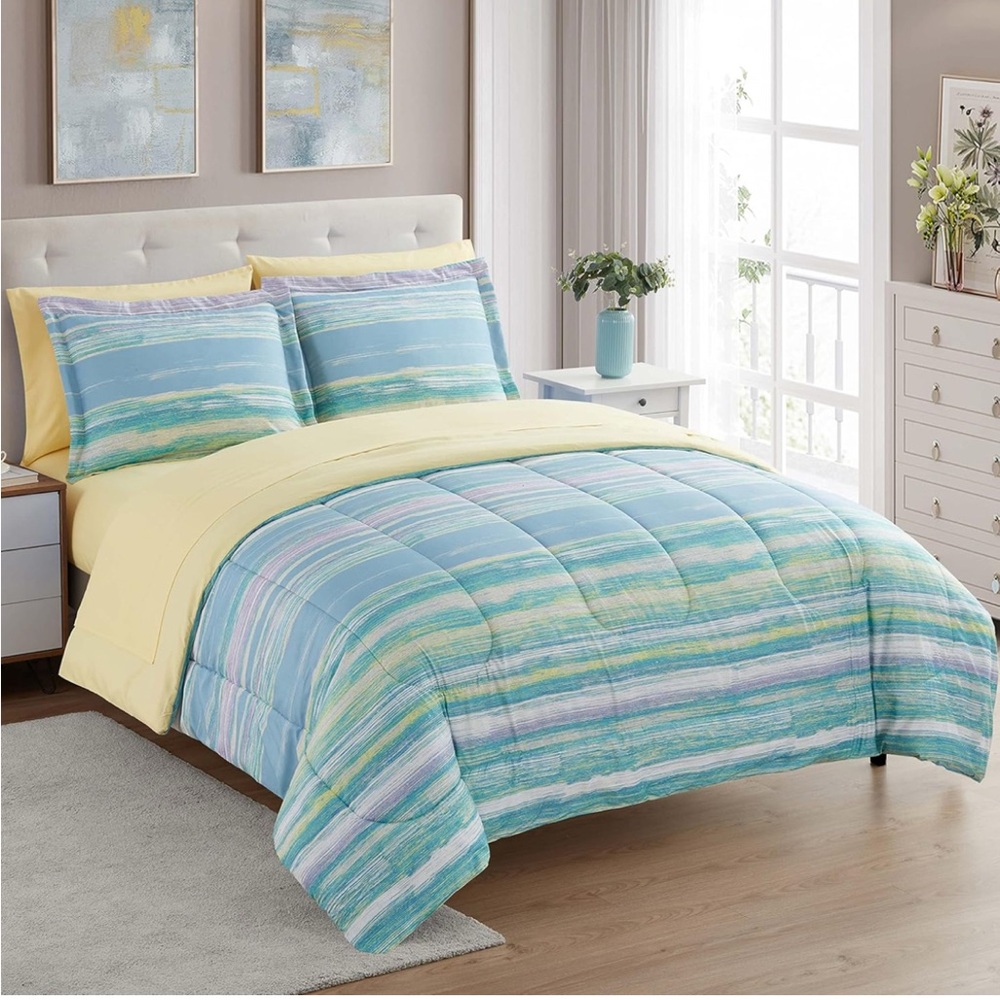 Striped Blue and Yellow Comforter Set